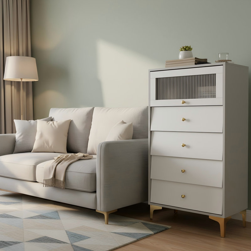 Commode 4 tiroirs, tour de rangement moderne de 44,5 po de haut avec porte en verre cannelée rabattable, poignées et pieds dorés