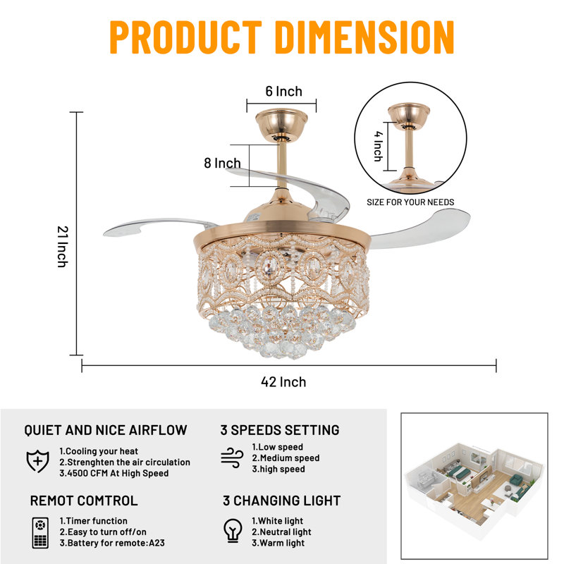 42'' Rose Gold Ceiling Fan With Led Lights