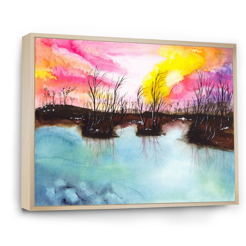«A Landscape With A Blue Lake Swampy Shore», reproduction sur toile, H 16 po x l 32 po, Cadre en érable