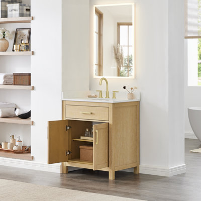 Beckett 30 Inch Single Bathroom Vanity in Whitewashed Oak, Carrara Cultured Marble Countertop, Undermount Square Sink (3-Hole), Brushed Gold Trim