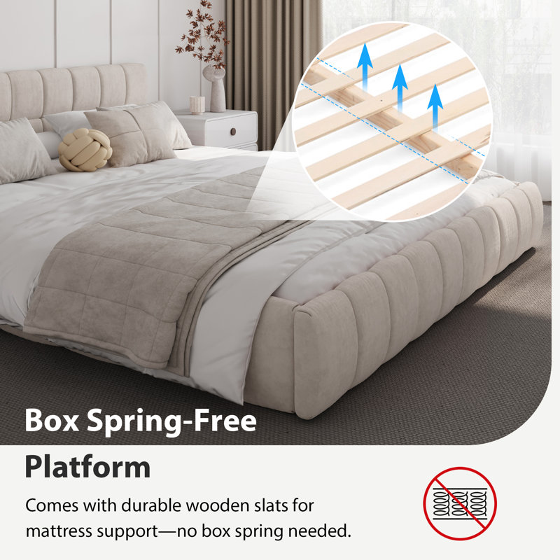 Chenille Upholstered Bed Frame With Headboard, King, Beige