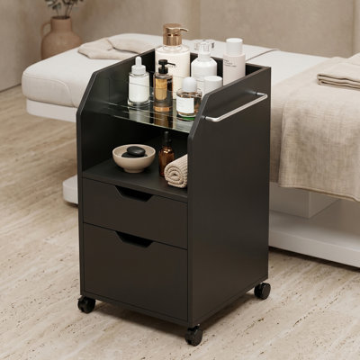 Chariot de pédicure, chariot de bain de pieds, chariot d'esthétique pour manucure | Tablette en verre et porte-bouteille, 2 tiroirs coulissants, mobile avec roulettes, espace de rangement ouvert, 2 crochets latéraux (noir)