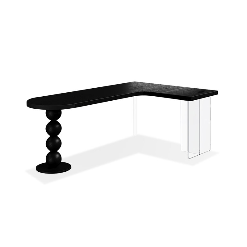 Bureau en bois massif en forme de L noir + bureau en acrylique, H 29,53 po x l 70,87 po x P 39,37 po, Retour à droite