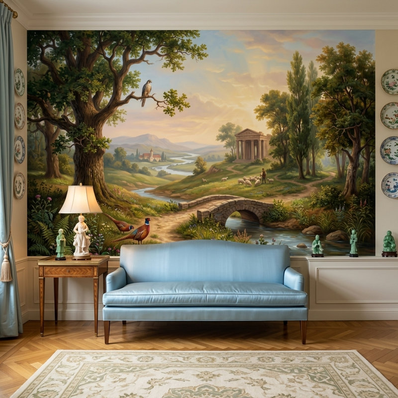 Murale pastorale classique en pierre, 100 po x 96 po, Peler et coller