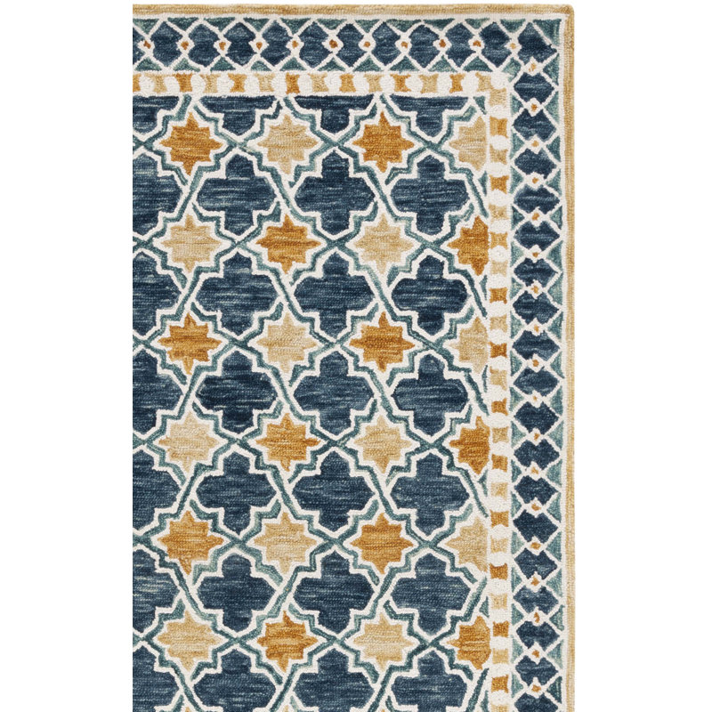 Hand Tufted Wool/Cotton Southwestern Rug in Navy/Yellow, Square 5'