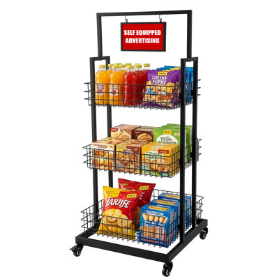 Présentoir de détail Ier avec porte-affiche, présentoir à roulettes en métal avec 4 roulettes (2 verrouillables), étagère de panier autoportante en fil métallique pour dépanneur