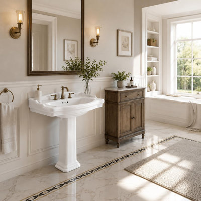 Lavabo classique sur pied en céramique blanche - Lavabo vintage autoportant, rebord surélevé, finition brillante - Entraxe de robinetterie 3 trous de 4 pouces (4 pouces, 3 trous)