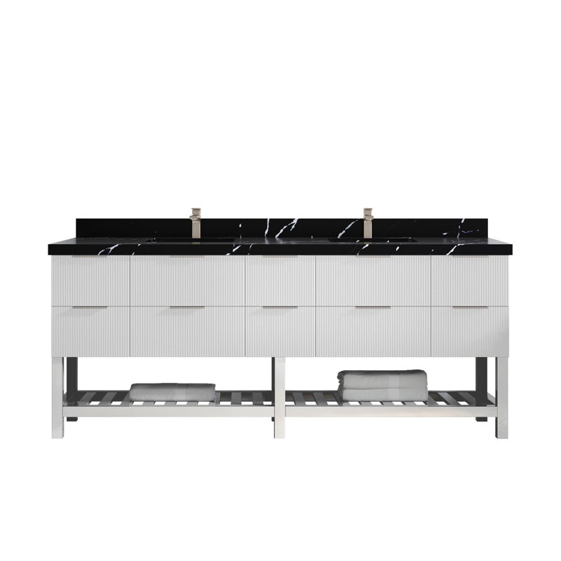 Meuble-lavabo double 84 po avec plateau Catalina, Noir Calacatta