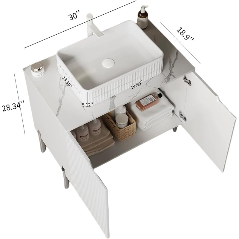 30" Bathroom Vanity with Sink, Freestanding Storage Cabinet with 2 Doors, White Ceramic Basin, White