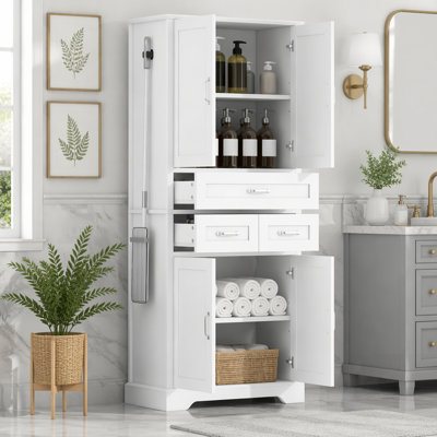 Tall Freestanding Bathroom Storage Cabinet with 4 Doors, 3 Drawers, Adjustable Shelves, and Aluminum Alloy Hook