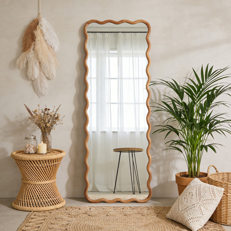 Wavy Solid Rubberwood Decorative Mirror, 65"x24", Rectangle