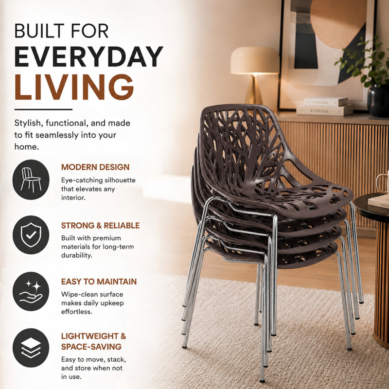 Hadda Stackable Dining Chair with Floral Cutout Back and Stainless Steel Legs – Modern Metal Side Chair for Kitchen, Dining Room, or Restaurant