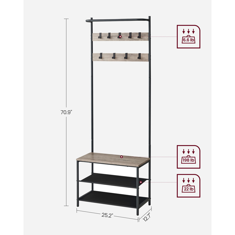 Hall Tree 25.2" Wide with Bench and Shoe Storage, Entryway Bench with Coat Rack Stand, 9 Movable Hooks, Top Bar, Greige/Black