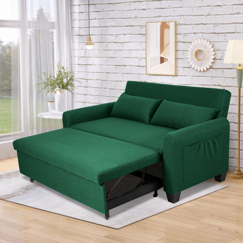 Malaquas Convertible Sleeper Loveseat with Pockets & Plush Pillows, Beige, 33.8" H x 60.24" W x 25.98" D