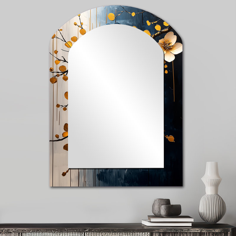 Or doré, branches de cerisier en fleurs III - miroir mural cerise en fleurs, miroir décoratif asymétrique traditionnel, impression sur métal