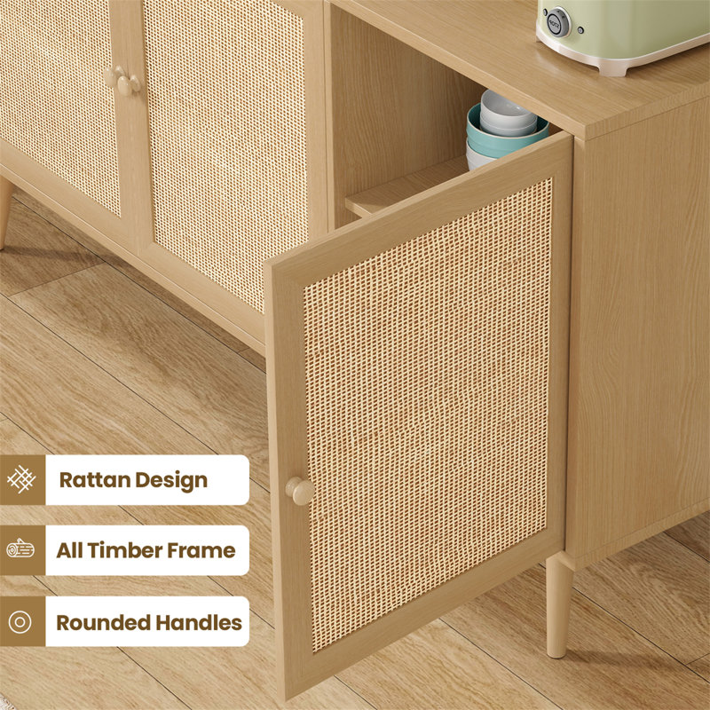 Sideboard Buffet Cabinet With 3 Rattan Doors, Natural