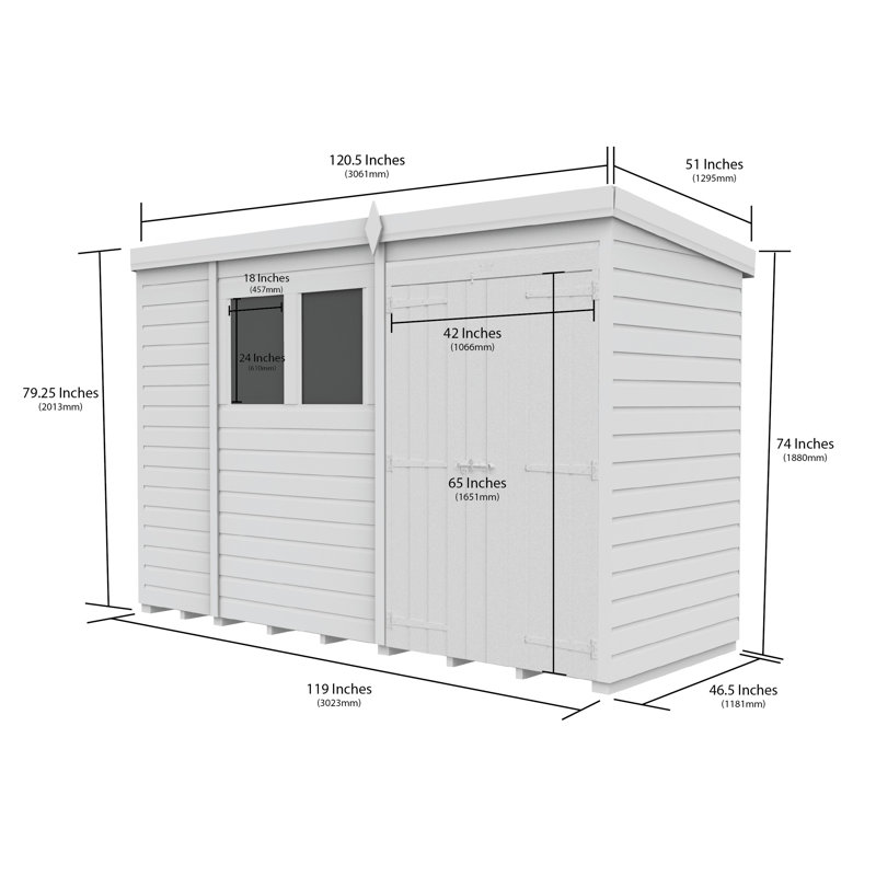 Total Sheds 10ft x 4ft Pent Garden Shed - Double Door - With Windows - Pressure Treated Timber - UK Manufactured