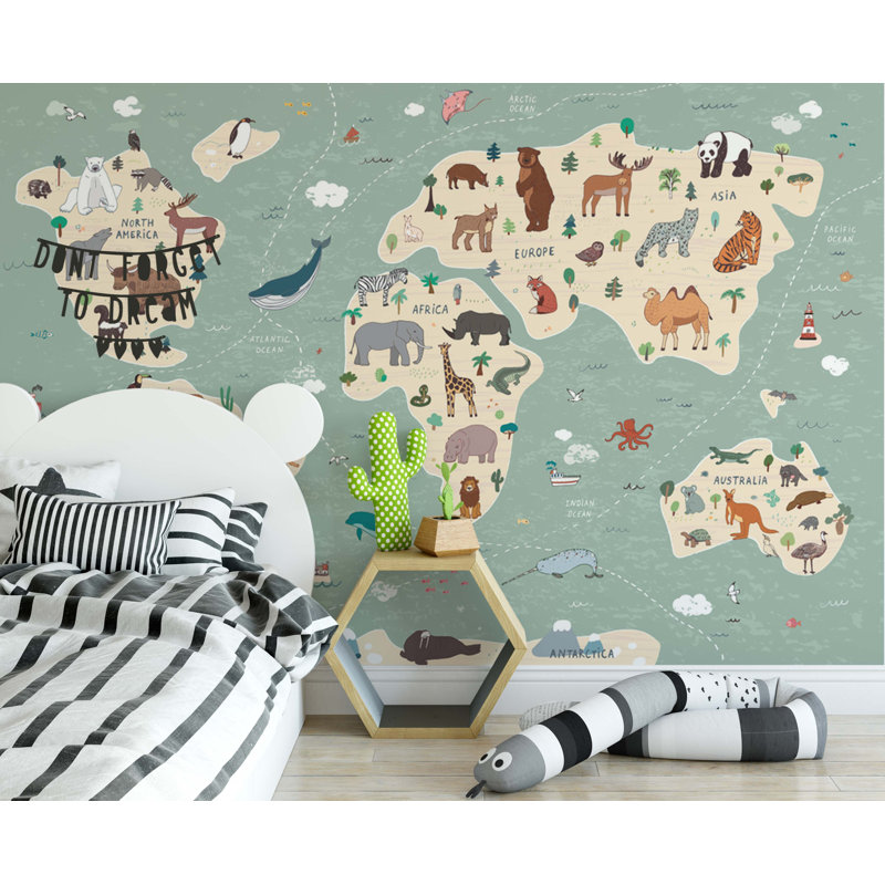 Papier peint imprimé de carte du monde pour enfants, L 94,92 po x l 143 po