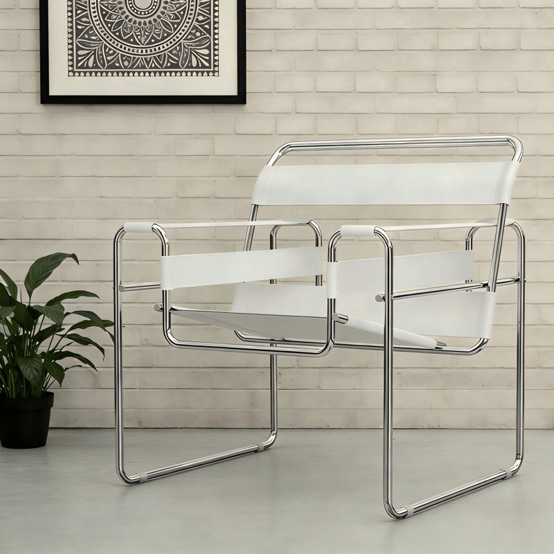 Danta Saddle Leather and Artificial Leather Accent Chair with Stainless Steel Frame, White Saddle Leather