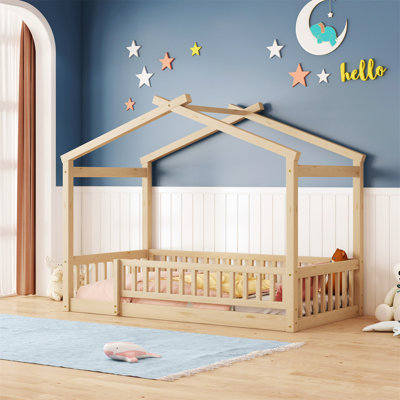 Mirian Solid Wood Youth Bed with Fence, House Bed, Platform Bed
