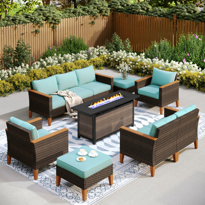 Ensemble modulaire de conversation d'extérieur en osier 9 pièces avec foyer Salem