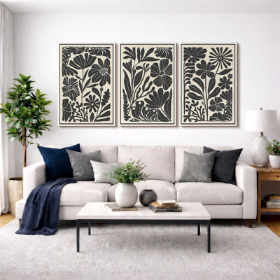 Abstract Botanical "Boho Black And Beige Floral Artwork, Mid-Century Modern Living Room Wall Pictures, Framed Canvas Giclée Print 3 Pieces Wall Art" 16"x24"x3 pcs, 24"x36"x3 pcs, 20"x60"x3 pcs