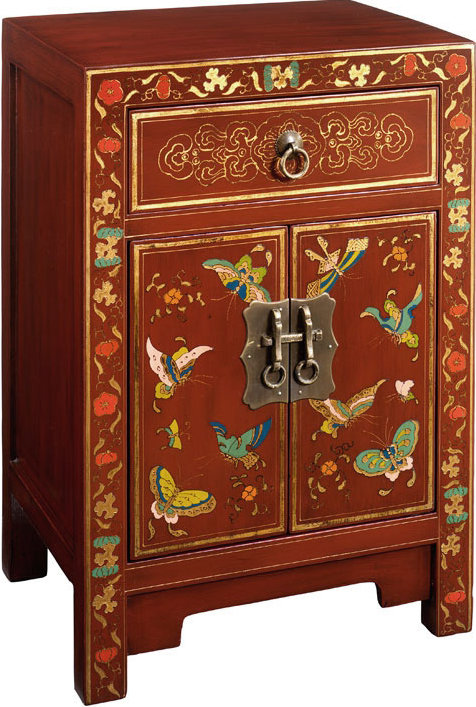 Hangzhou 40cm W Solid Wood Bedside Table, Red Lacquer