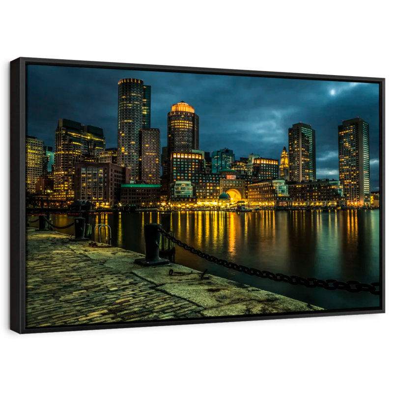 «Boston Skyline At Night Wall Art», H 25 po x l 37 po