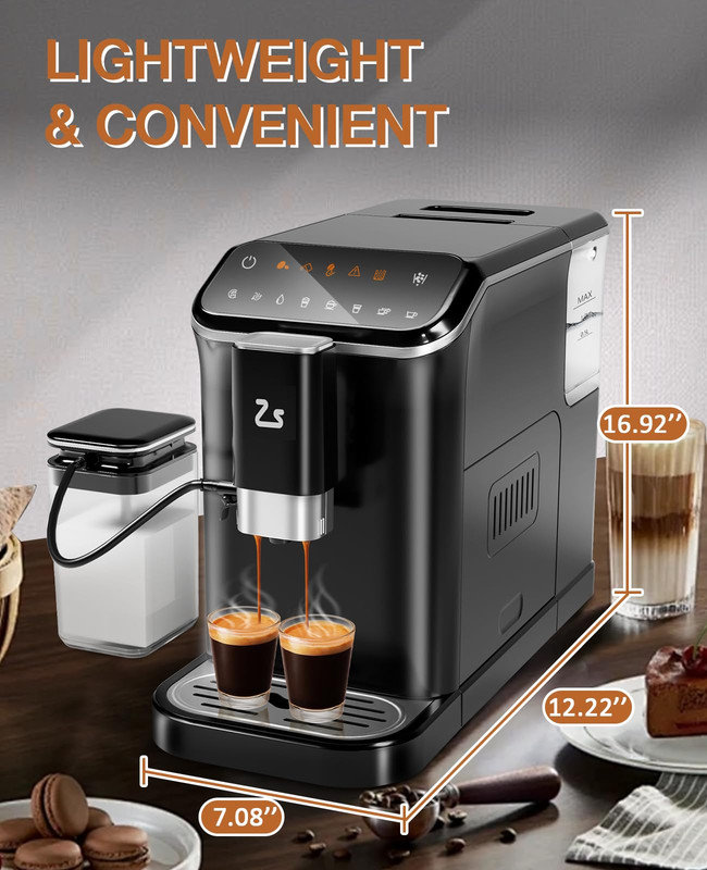 Machine à espresso automatique 20 bars avec moulin et mousseur à lait - 6 préréglages, réservoir amovible de 1,5 L, autonettoyant