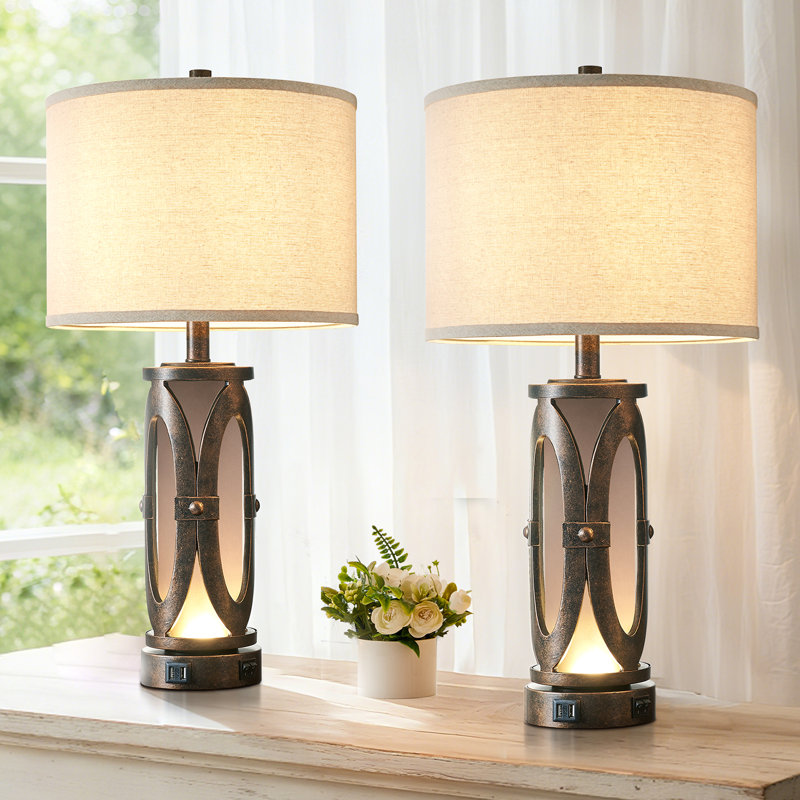 Louann 26″ Farmhouse Revival Table Lamp Set with Dual USB & Soft Night Light (Set of 2)