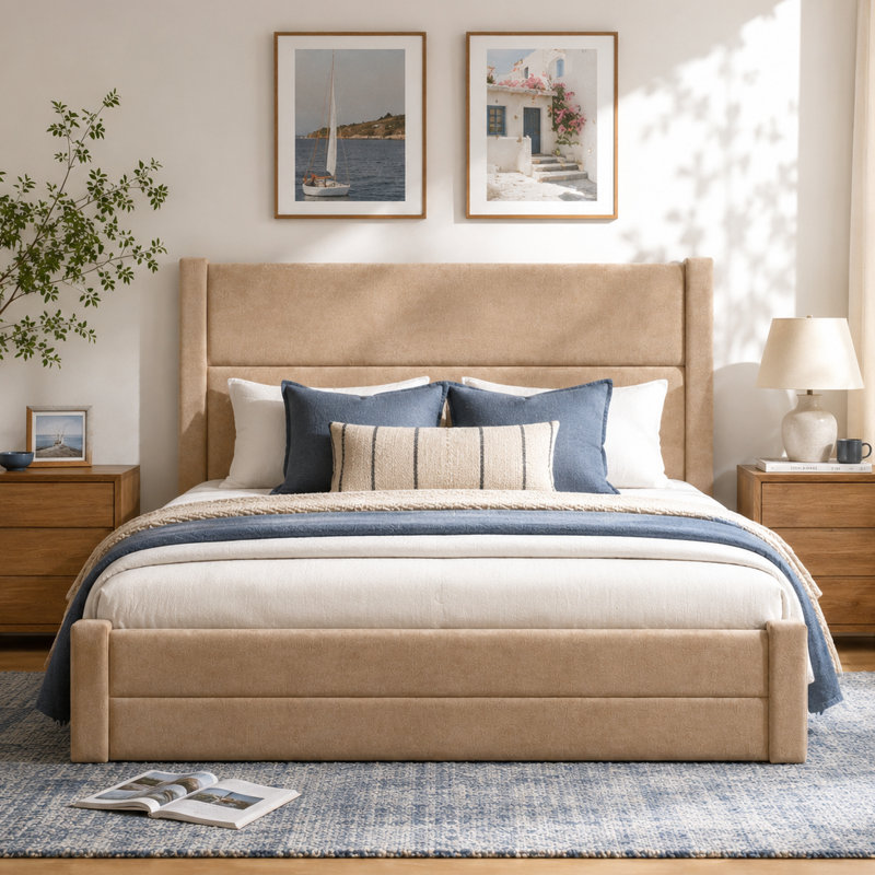 Lit plateforme tapissier avec rangement Wauson, Beige, Queen