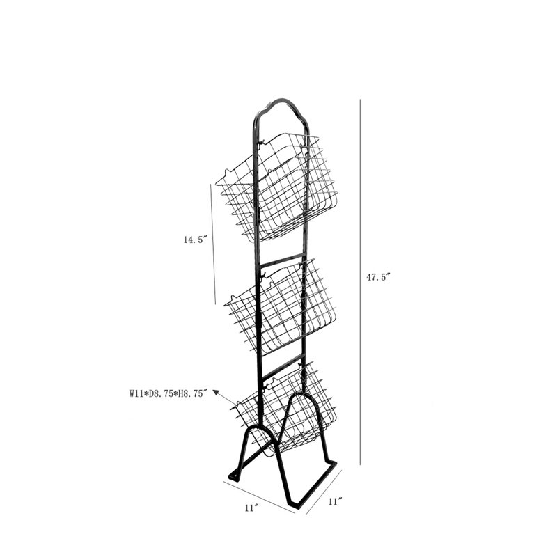 Support présentoir de plancher de marché en métal noir à 3 niveaux 11 x 11 x 47,6 po Candler pour les magasins et la cuisine