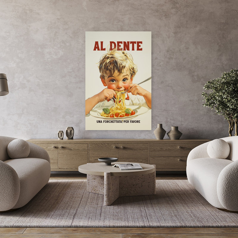«Happy Boy Eating Spaghetti Classic Retro», art mural rétro, H 48 po x l 32 po