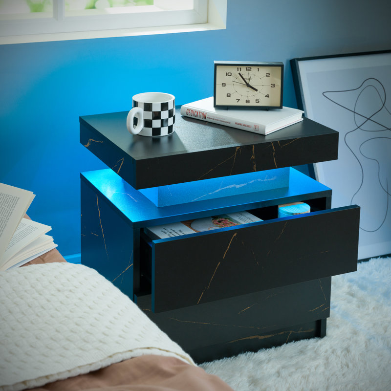 LED Nightstand with 2 Drawers, Black Marble