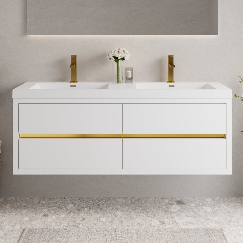 Meuble-lavabo mural 60 po avec lavabo, armoire de rangement flottante avec comptoir en résine de pierre et tiroirs à fermeture en douceur 60 po