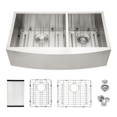 Évier de cuisine à double cuve en acier inoxydable de 36 po x 20 po x 9 po à tablier frontal en acier inoxydable de calibre 16 avec deux cuves profondes de 9 po