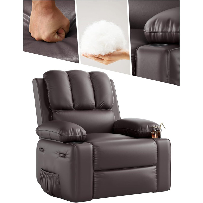 Oversized Manual Recliner with 2 Cup Holders and Side Pocket, Coffee