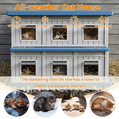 Two-Story  Resin Cat House, Outdoor Feral Cat Shelter With Platform(Gray & Blue)