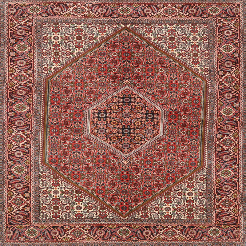 Tapis en laine rouge / beige, Carré 6 pi
