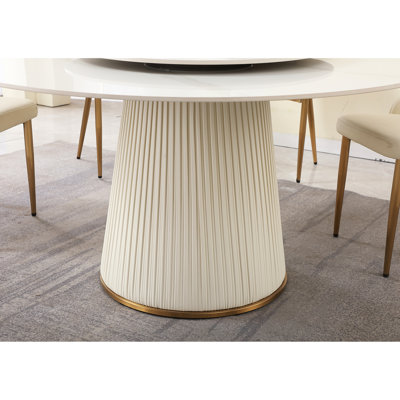 Table de salle à manger 31,5 "ronde en bois fritté pour 6 à 8 personnes, support en bois et métal attrayant, matériau haut de gamme avec support rotatif, assise, grattoir, gracieux et piédestal