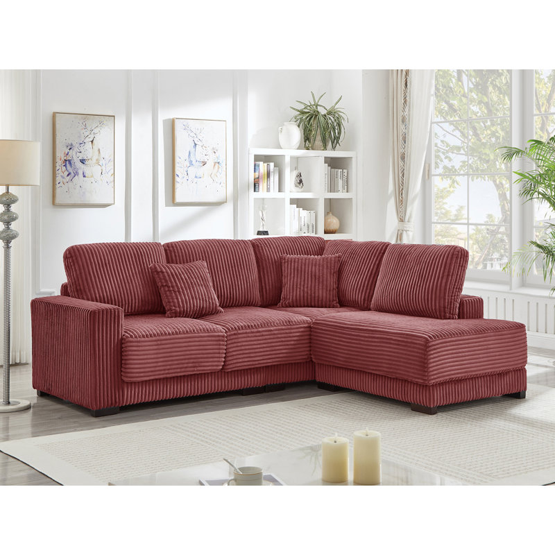 93'' Reversible Modern Upholstered L-Shape Sectional Sofa, Red Corduroy