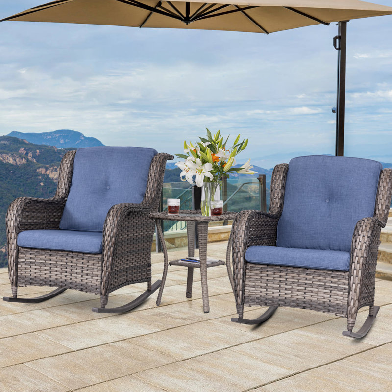 Ensemble de conversation 3 pièces avec chaise berçante et coussins beiges, Bleu