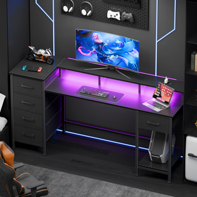 Computer Desk with Monitor Stand & Charging Station, Gaming Desk with LED Lights & Drawers