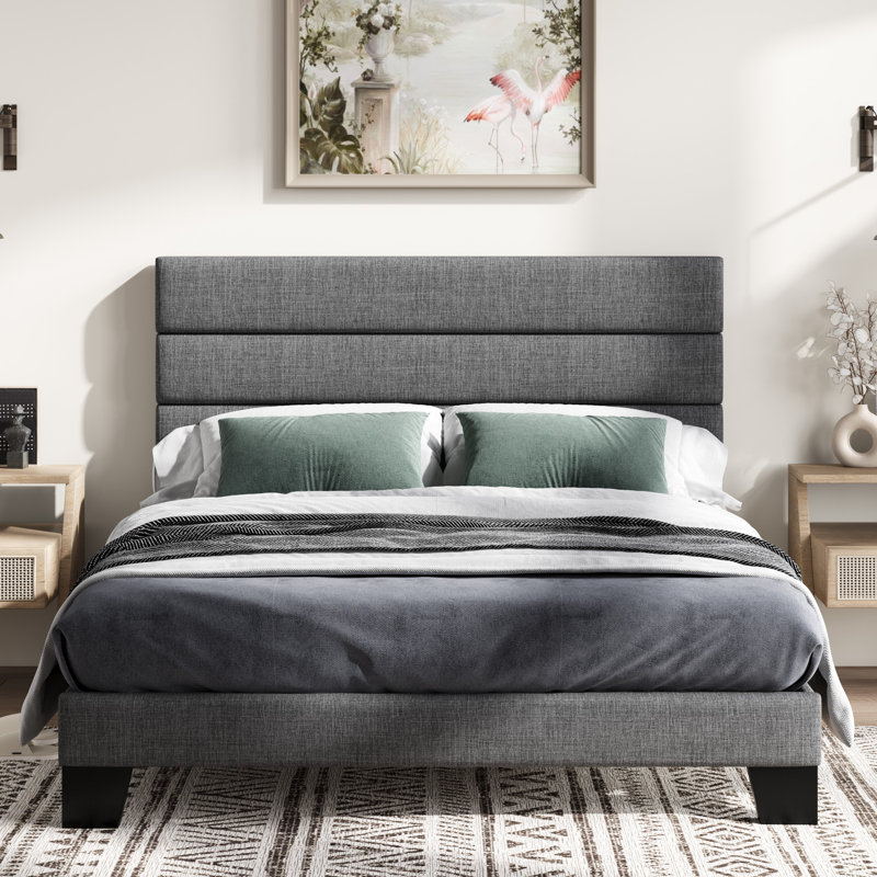 Lit plateforme Elison avec tête de lit tapissier en tissu et lattes en bois, Grand, Gris