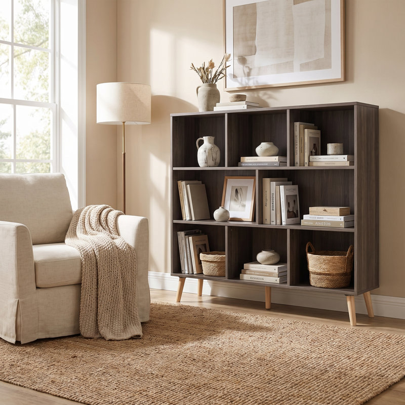 Jaen Solid and Manufactured Wood Cube Bookcase, (8 Shelves) 42.5" H x 47.2" W x 9.4" D, Platinum Gray