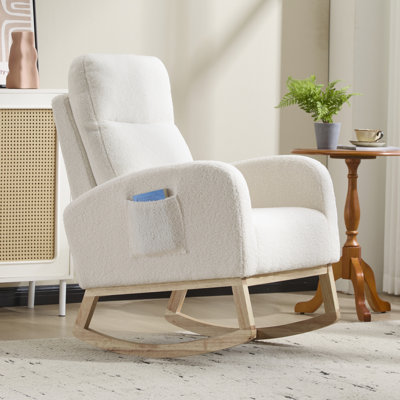 Chaise berçante moderne avec structure, tissu doux, poche latérale, blanc pour balcon Chaise berçante confortable ergonomique, éponge haute densité, porche respirant