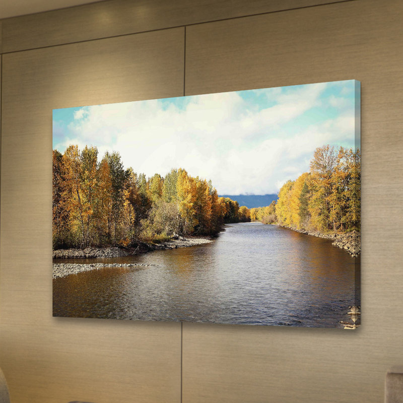 « automne on the river » par sylvia cook, reproduction d’art sur toile tendue, H 30 po x l 45 po x P 1,5 po