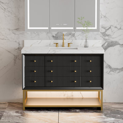 48" Freestanding Bathroom Vanity With Led Light, Fluted Drawers & Stone Countertop, Black Finish With Gold Frame