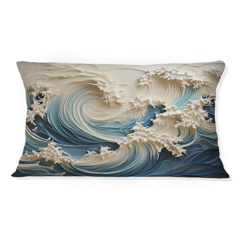 Coussin blanc et bleu à motif de vagues de style Papercut III, Rectangle 12"H x 20"W