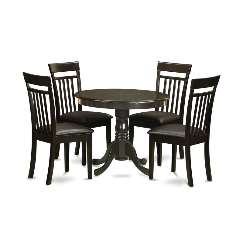 5 Piece Dinette Set for 4 Includes a Round Kitchen Table with Pedestal and 4 Faux Leather Upholstered Dining Chairs, Cappuccino
